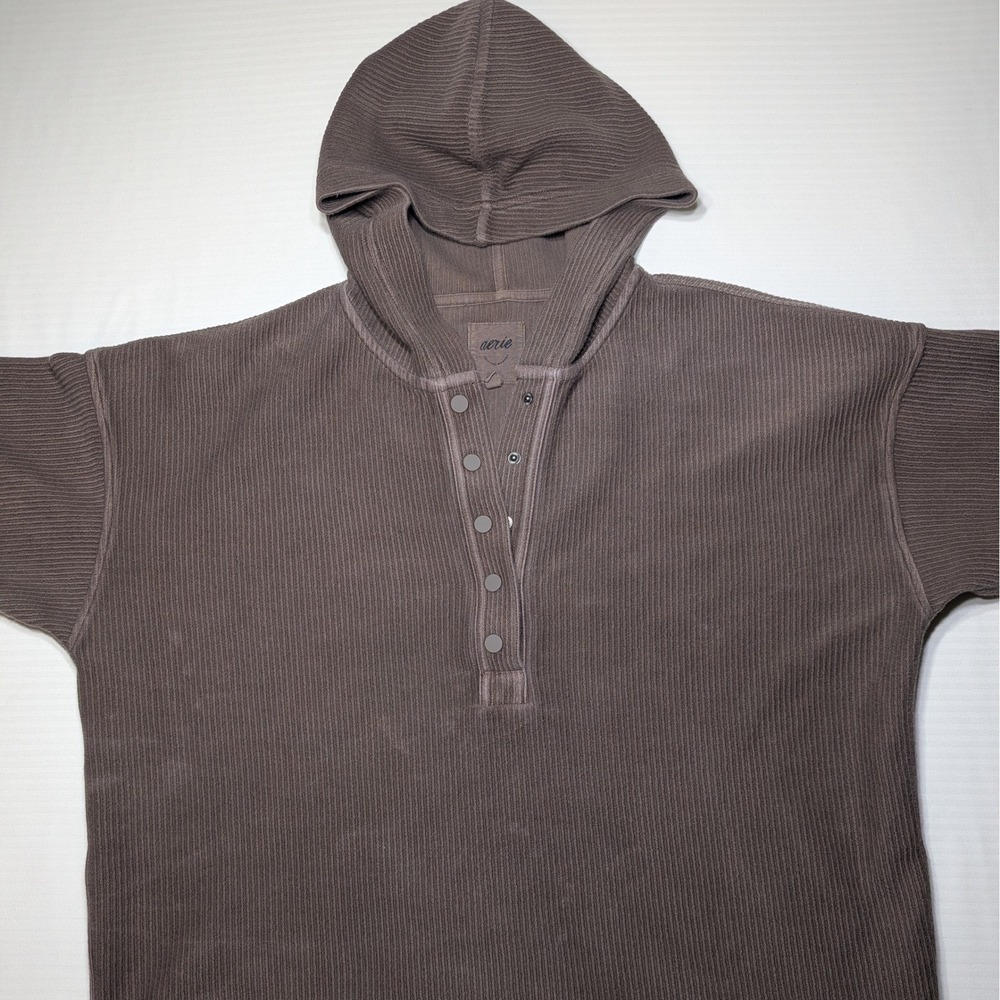 Aerie Womens S Oversized Ribbed Henley Hoodie Brown 100% Cotton‎